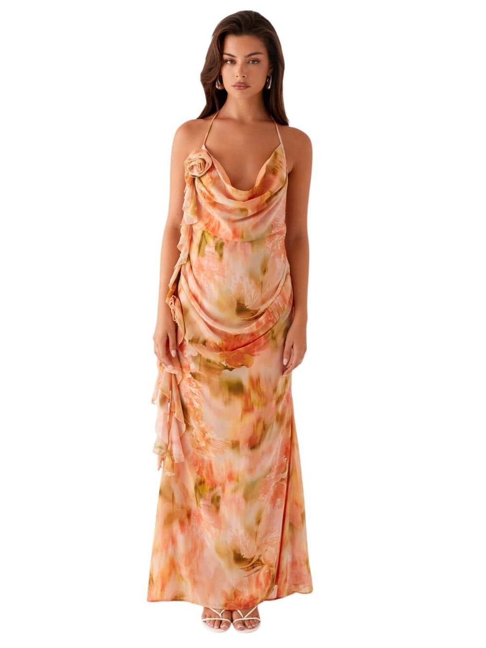 Pepper Mayo Floral Ruffle Trim Halter Neck Long Dress